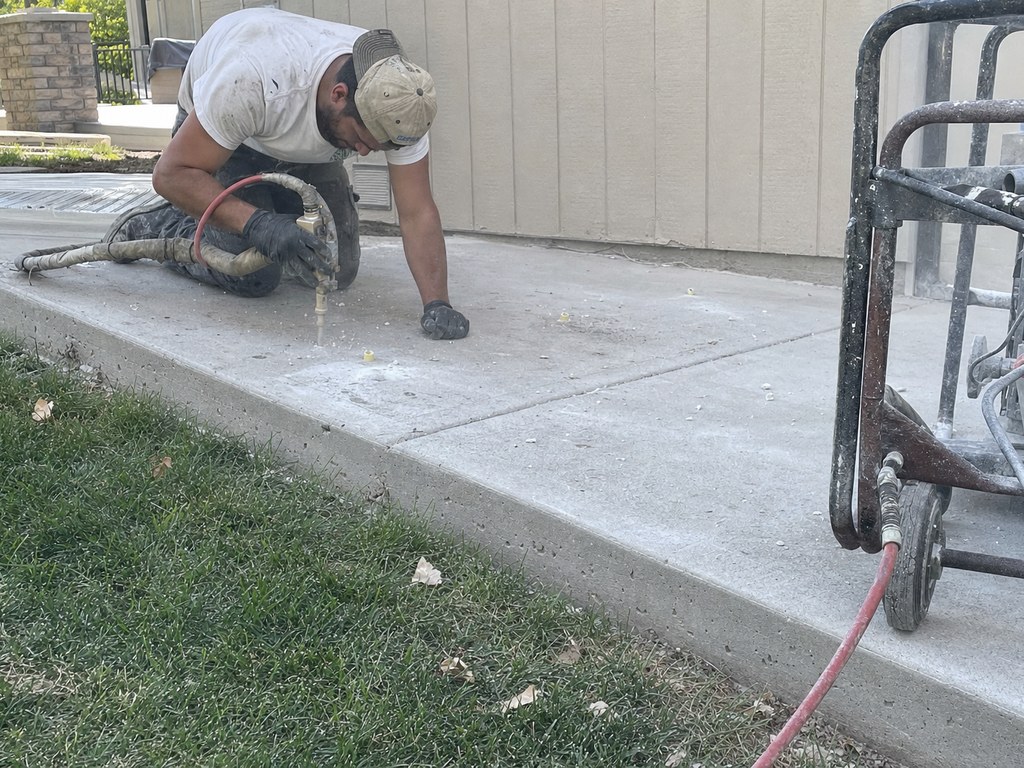 Worker injecting foam to lift a sunken concrete slab in Stockton