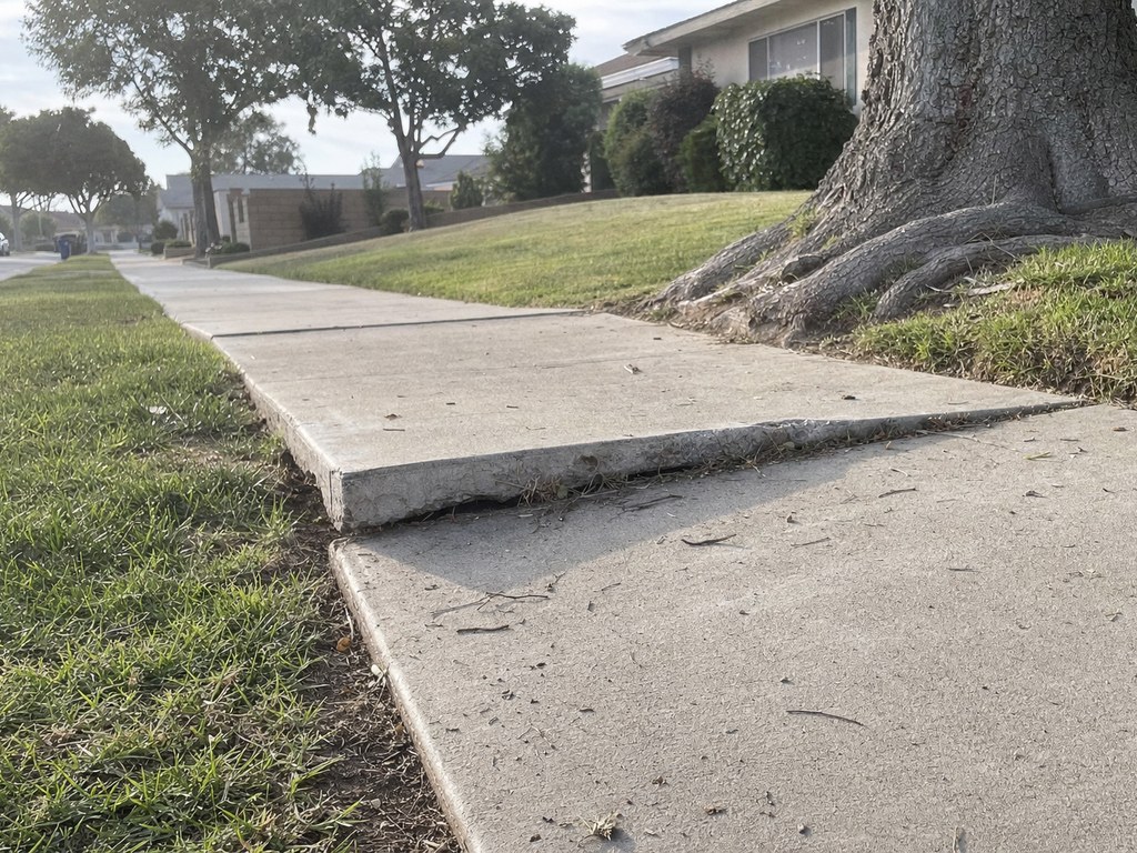Cracked and uplifted residential concrete sidewalk in front of a Stockton home
